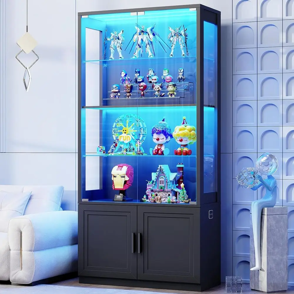 67 4-Tier Glass Display Cabinet with 2 Removable Shelves for Collectibles in Black