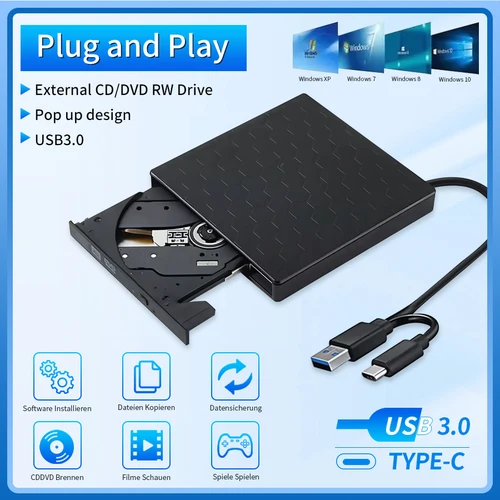 Unidad de DVD RW externa USB 3,0 delgada tipo C, grabadora de CD, lector, unidades ópticas para ordenador portátil, PC, grabadora de DVD, portátil