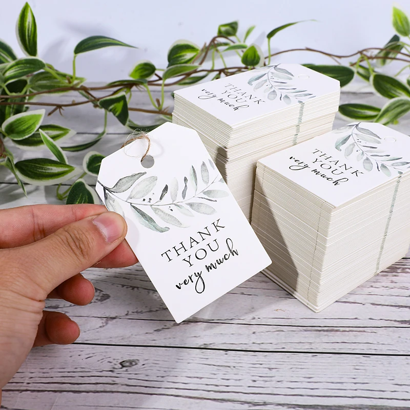 

50pcs Thank You Cards Gift Packing Tags Green Leaf Paper Hanging Tag For Diy Wedding Birthday Baby Shower Party Decor DIY Crafts