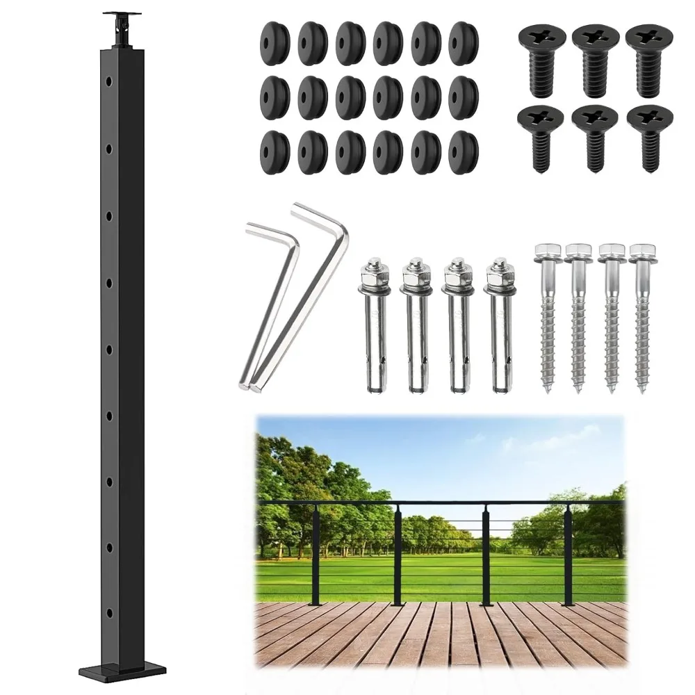 Cable Railing Post, Adjustable Top Level Drilled Post Black Stainless Steel Deck Post 36’’x2’’x2’’-9 Holes