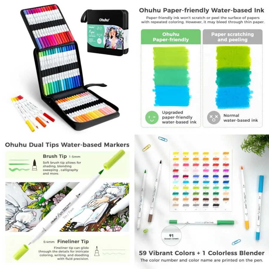 

Маркеры Ohuhu, удобные для бумаги, не отслаивающиеся, на водной основе, 60-цветные, с двойной кистью, кончики для подводки, маркеры для книг-раскрасок для взрослых, без Ble