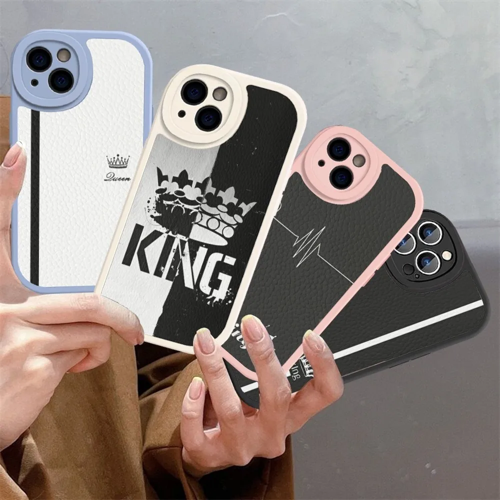 

King Queen Lovers Phone Case Hard Leather For iPhone 14 13 12 Mini 11 14 Pro Max Xs X Xr 7 8 Plus Fundas