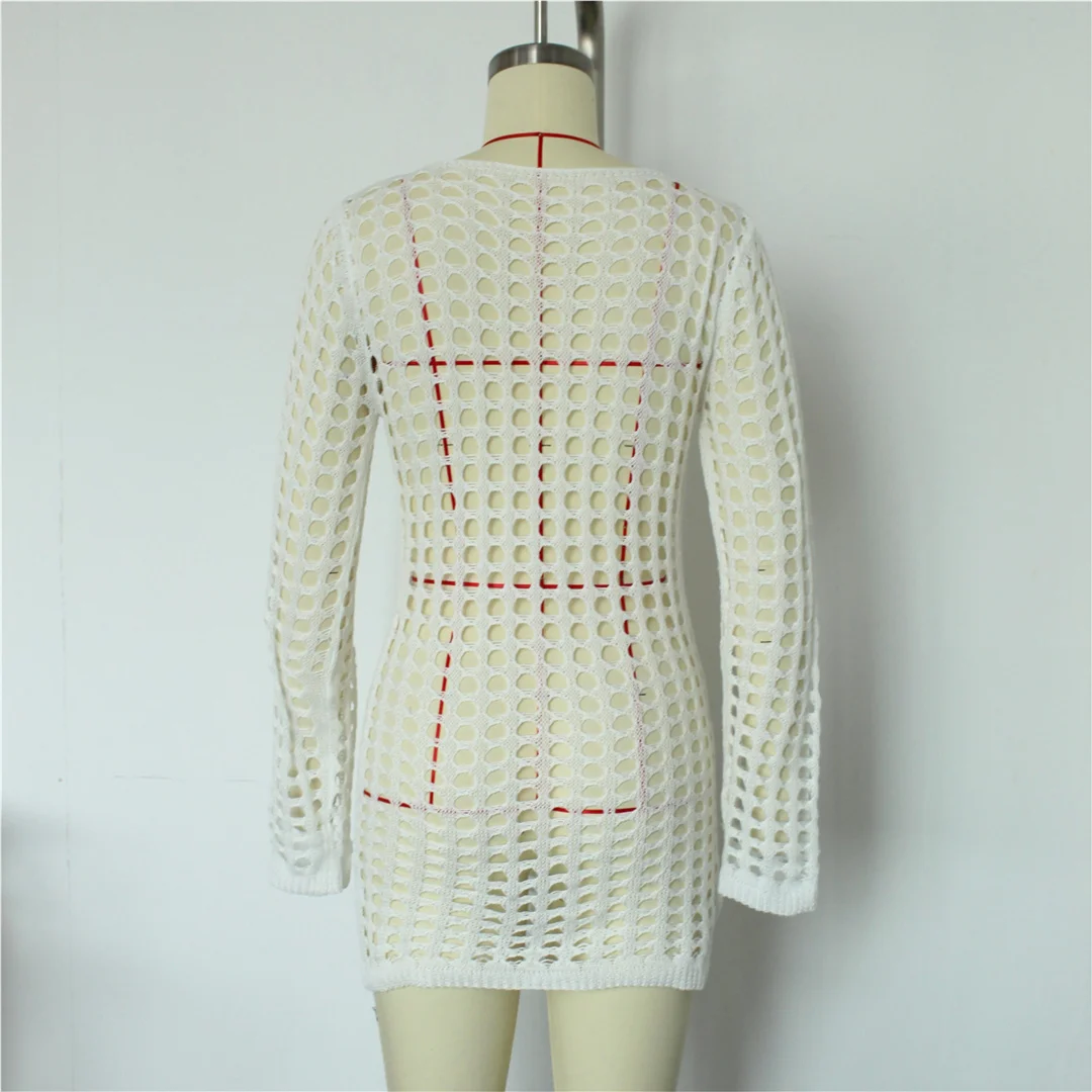 Langarm-Tunika mit Aushöhlungen, einfarbig, gehäkelt, gestrickt, Strandkleid, Strandmode, Damen V8510 – Detail 16