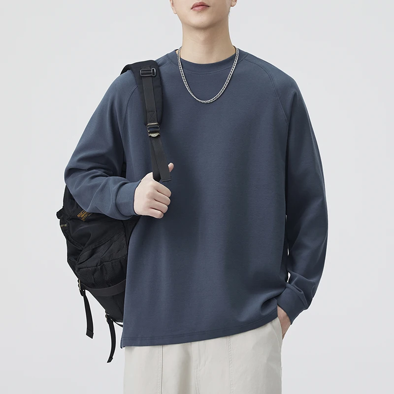 

Мужская трикотажная футболка свободного кроя из чистого хлопка с длинным рукавом, весна-осень, плоское плетение, модный цветной топ