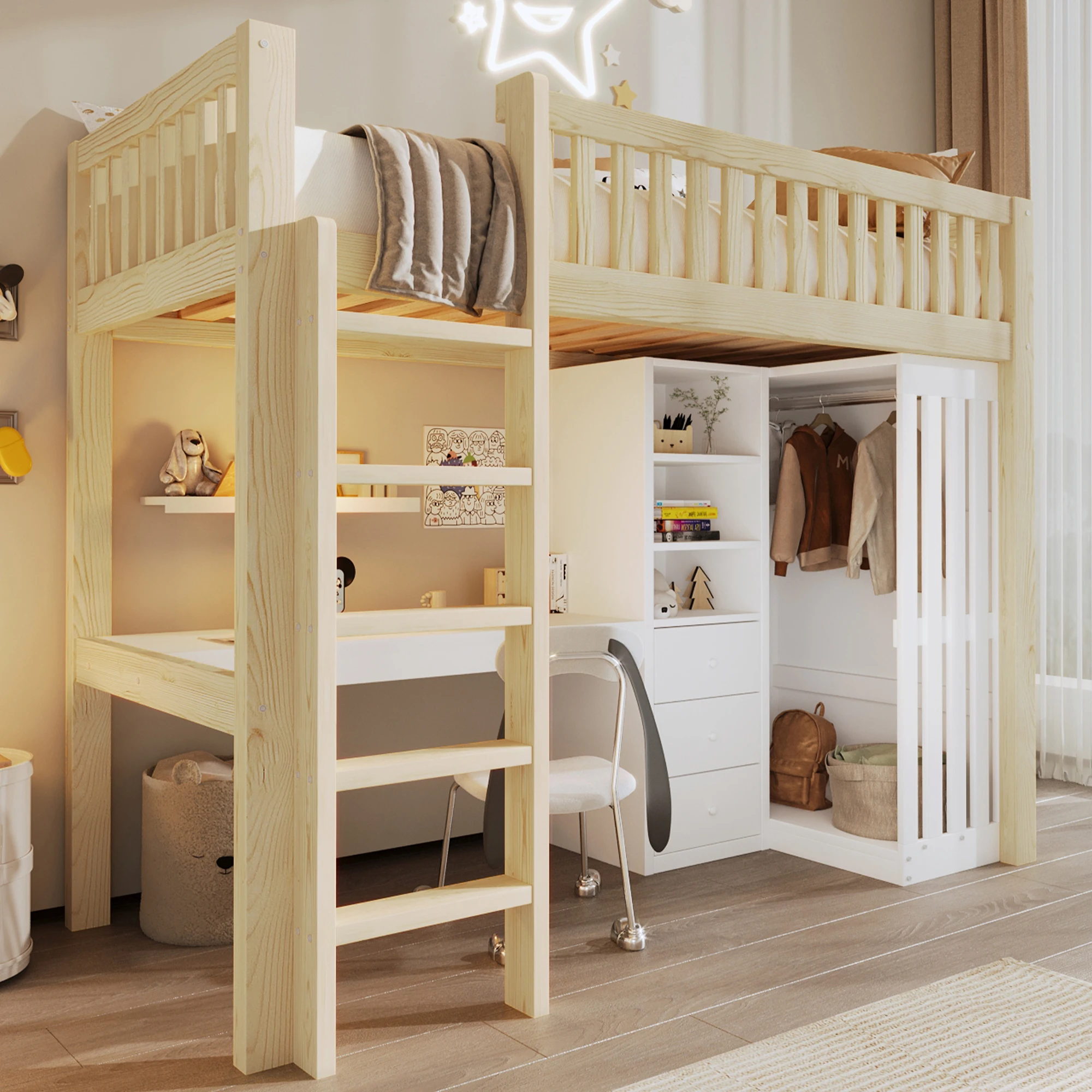 Lit surélevé 90x200 cm avec bureau et armoire, stable, chambre d'enfant, espace de rangement pratique, pin naturel sans matelas