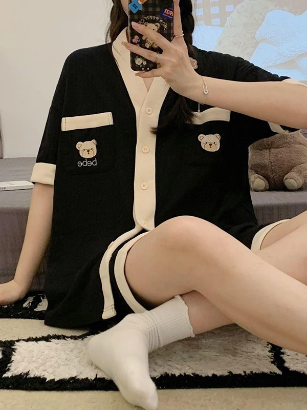 

Cartoon Bear V-neck Open Cardigan Sleepwear Set Women Summer Loose Short Sleeve Shorts Sweet Home Clothes Casual Style