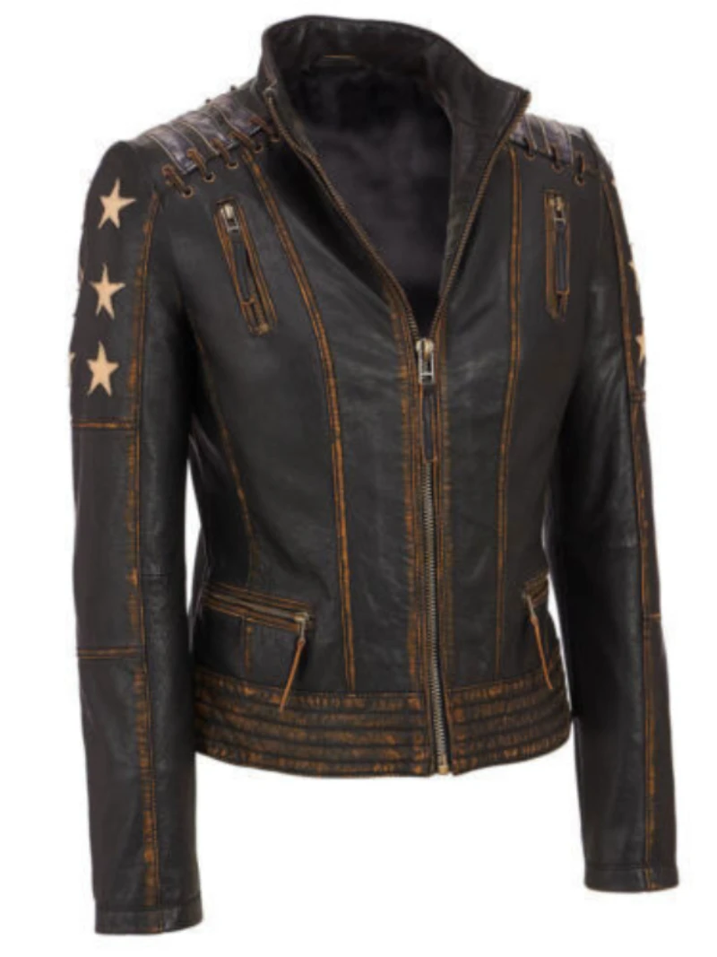 Women Leather Jacket Cafe Racer Vintage Biker Distressed Brown Real Leather Coat Stand Collar High-end Trench Coat