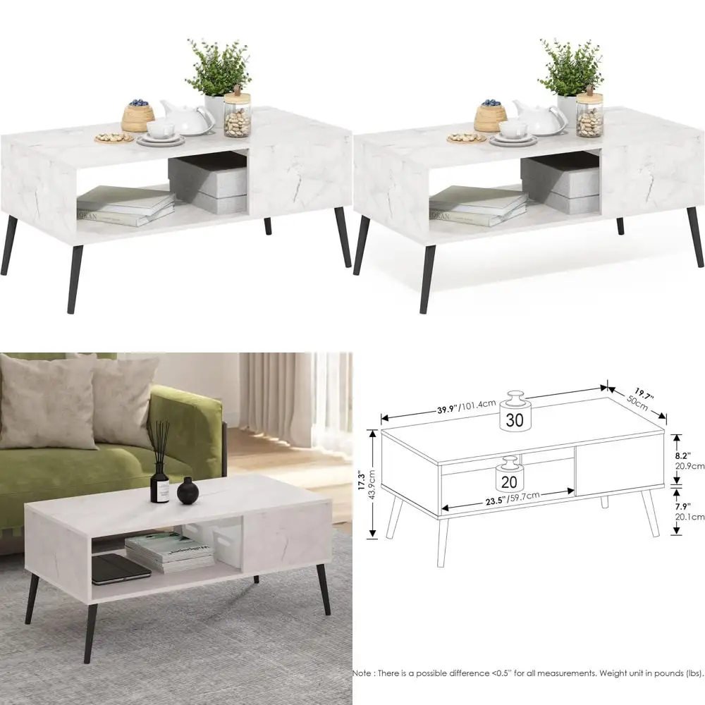 

Mid-Century Modern Coffee Table with White Marble Top and Wooden Legs