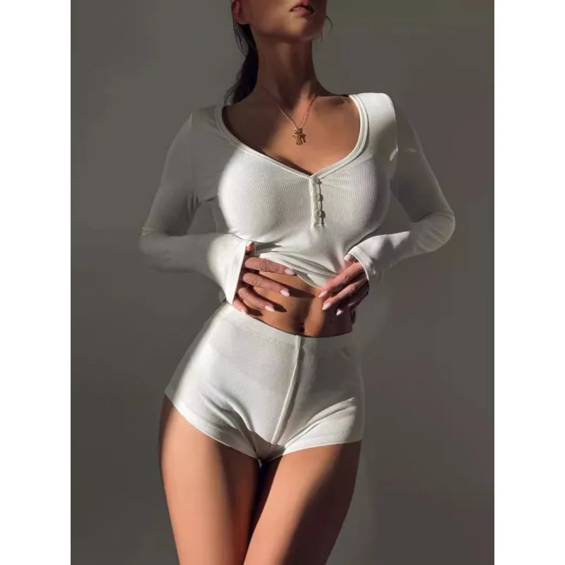 2025 European And American Style Women's Clothing Sexy Low-cut V-neck Tight Long-sleeved Top Sports Style Super Shorts Two-piece