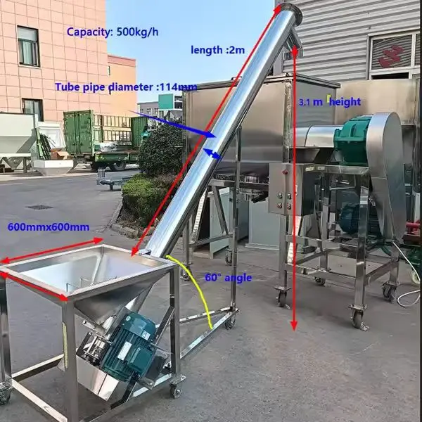 Convoyeur à vis en acier inoxydable 304 certifié CE, capacité 500 kg/h, alimentateur à vis incliné pour le transport de poudres alimentaires et d'épices