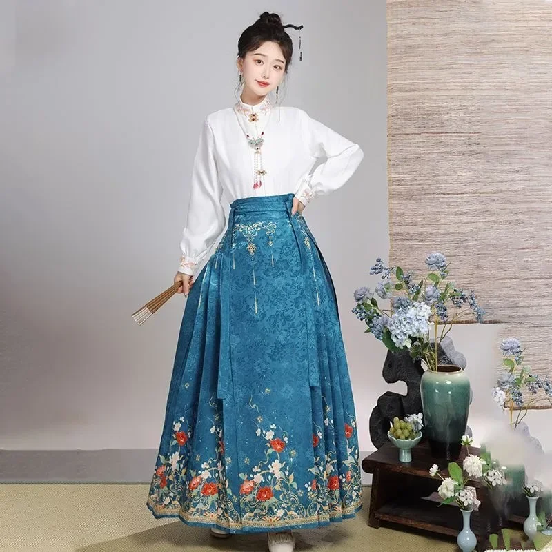 Rok lipit tradisional gaya Cina, untuk wanita Mamianqun Hanfu peningkatan kasual warna solid kemeja set 2024 baru