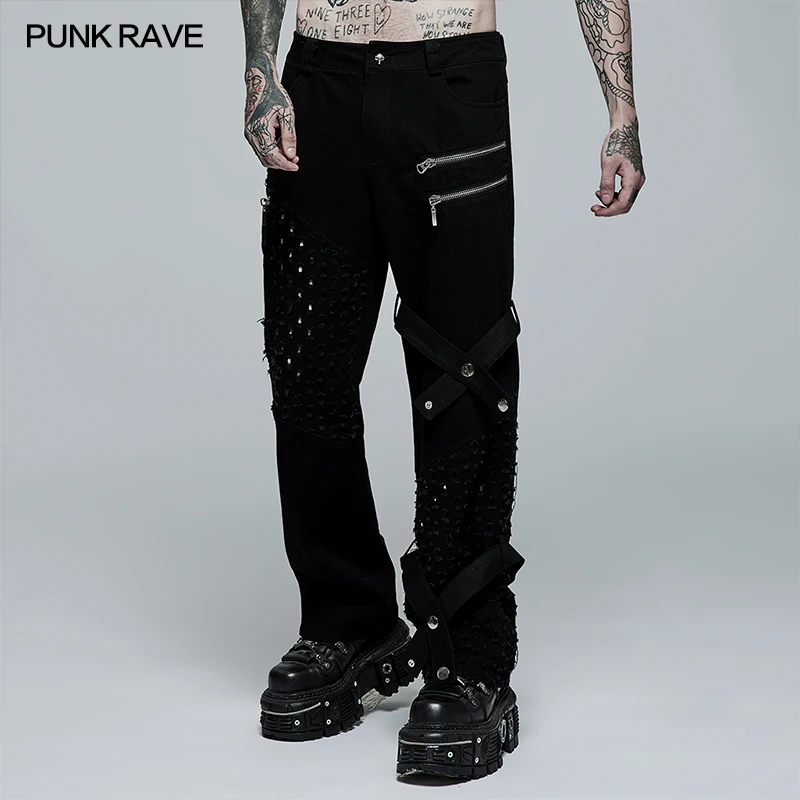 

PUNK RAVE Men's Punk Style Holes Casual Trousers Daily Wear Decorative Zipper Non-elastic Denim Pants Leg Loop Can Be Removed