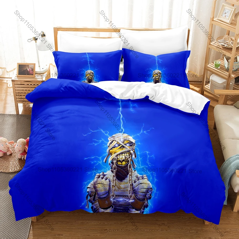 Maiden Heavy Metal Duvet Cover + 2 Pillowcases Classic Rock Band Eddie Mascot Skull Print Bedding Soft Fabric Bedroom Decor