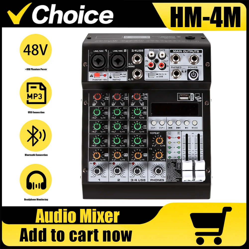 HM-4M Professioneller 4-Kanal-Audiomischer, 99 DSP, USB 48 V MP3 Bluetooth, geeignet für PC-Aufnahmen von Karaoke-Bühnenauftritten