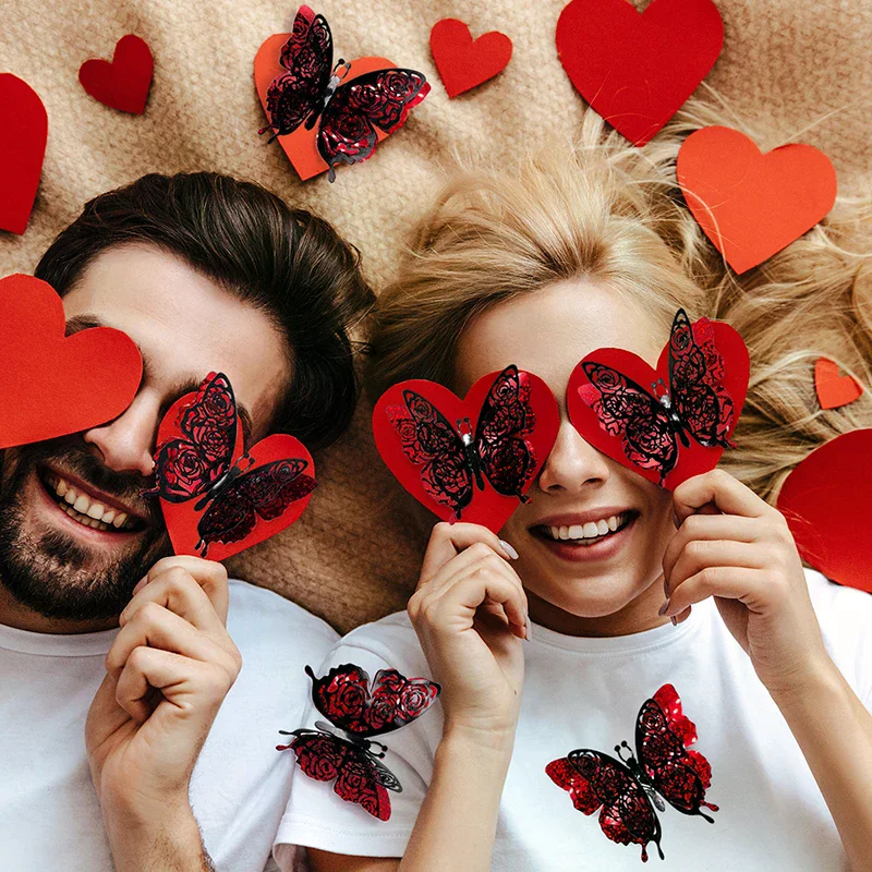6pcs/set 3d Double Layer Butterfly Valentine's Day Decorative Wall Stickers Glitter Gold Butterfly Decorative Stickers