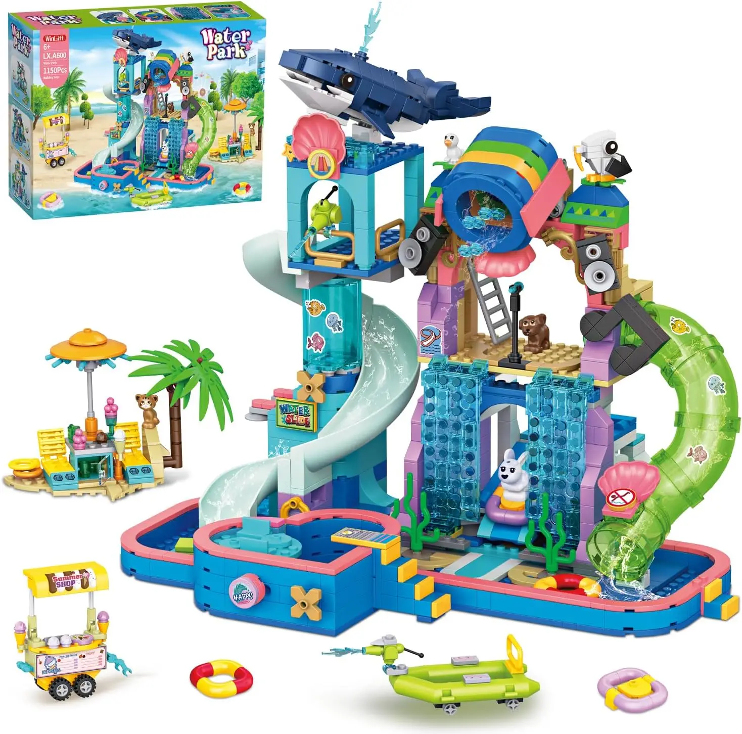 Juego de construcción de parque acuático de 1150 piezas, juguete de verano STEM con toboganes para piscina, cañones de agua, plataforma de buceo para niños de 6 a 12 años o más