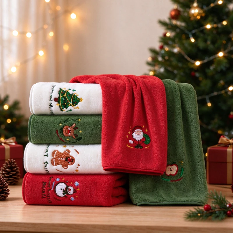 Christmas Coral Fleece Towel Thick Absorbent Embroidered Face Towel Holiday Gift New Year Party Decor Super Plush Hand Towel Set