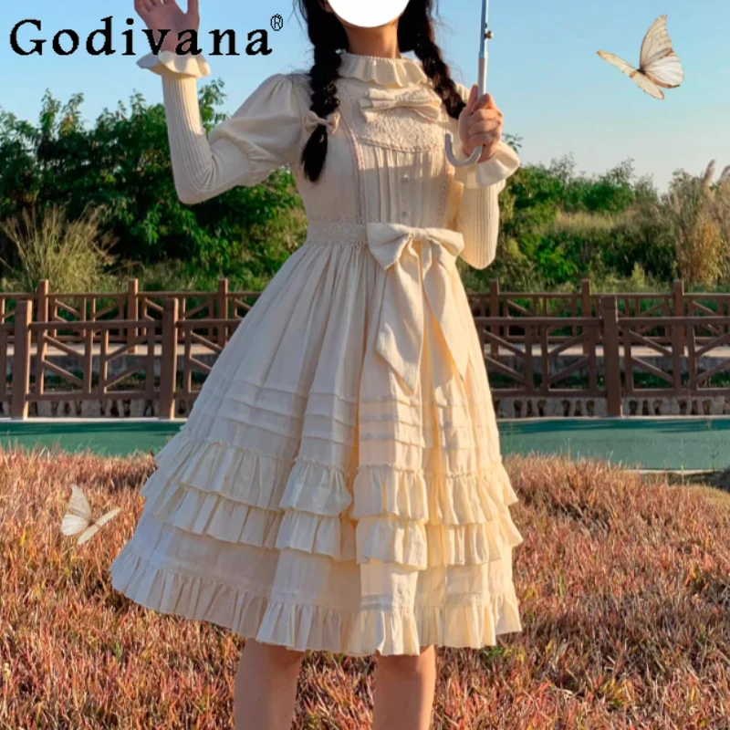 

Осень-зима, милый утолщенный теплый однотонный тонкий вязаный топ в стиле Лолиты для девочек, универсальный возрастной элегантный свитер с длинными рукавами