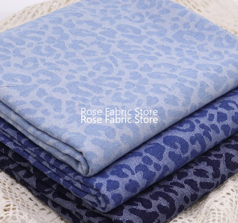 1 meter thick leopard print jacquard washed denim fabric for denim jackets, girls' dresses, jeans, bags, and DIY sewing fabric.
