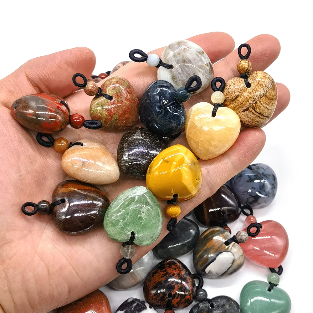 

24mm Heart Shape Pendants Keychain Natural Stone Healing Crystals for Diy Jewelry Accessories Handbag Purse Holder Keychains