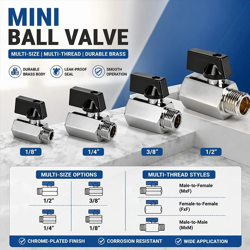 Mini Brass Ball Valve 1/4 1/2 3/8 1/8 Inch Chrome Plated Male Female FPT MPT BSP NBR Threaded Air Water Oil Gas Shut Off Valves