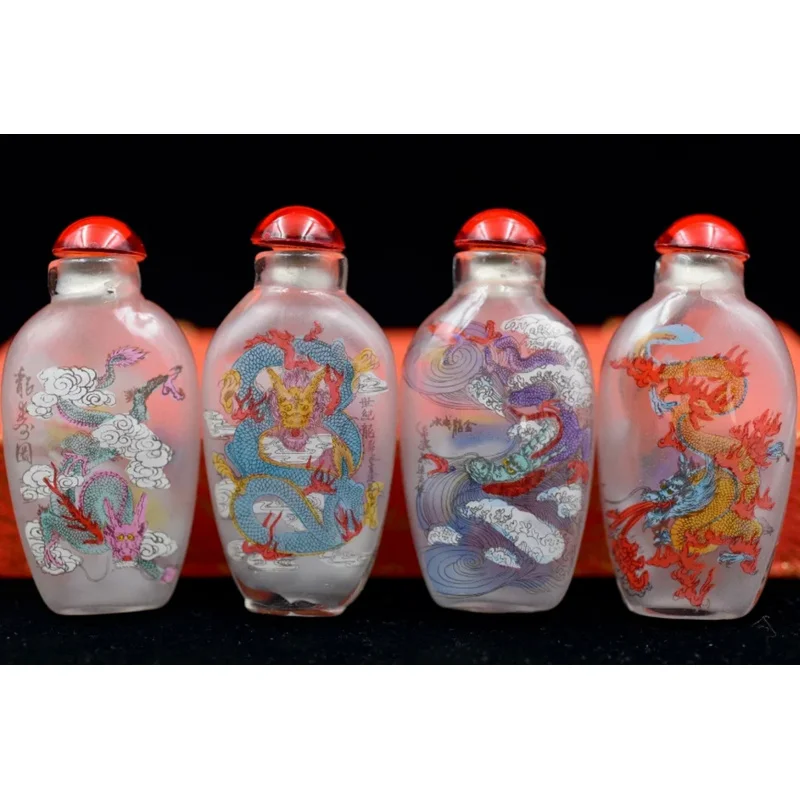 

4pc Chinese folk Inside painting “World dragon map” glass snuff bottle