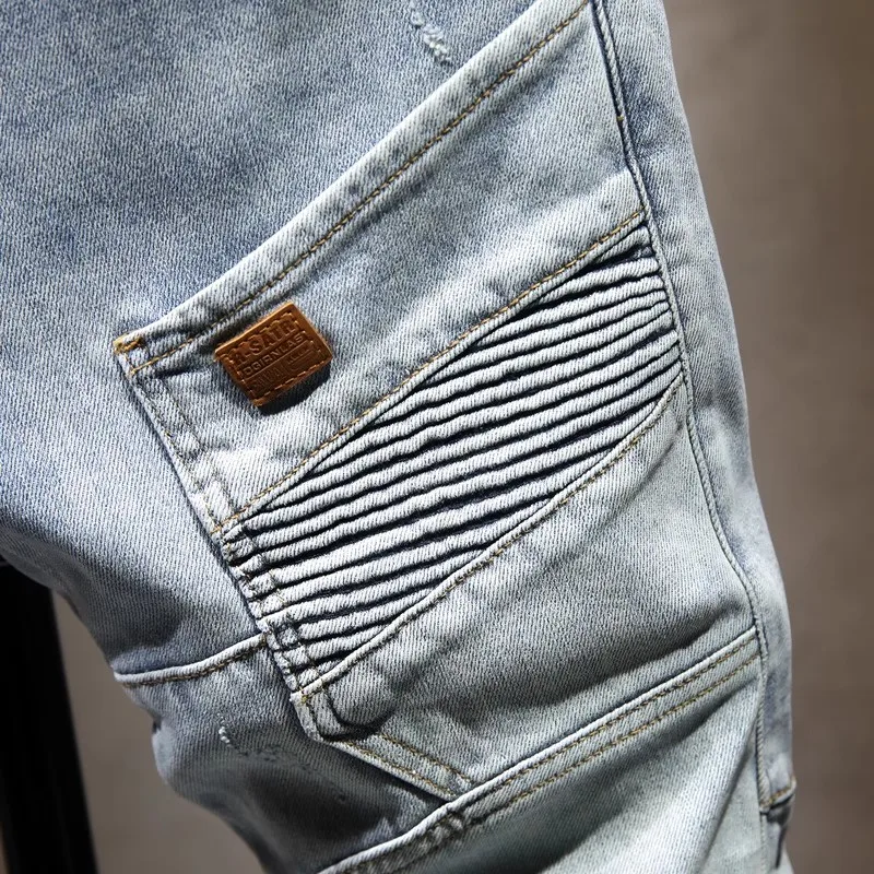 Street Designer Fashion Men Jeans Retro Light Blue Stretch Slim Fit Multi Pockets Denim Cargo Pants Patched Hip Hop Biker Jeans