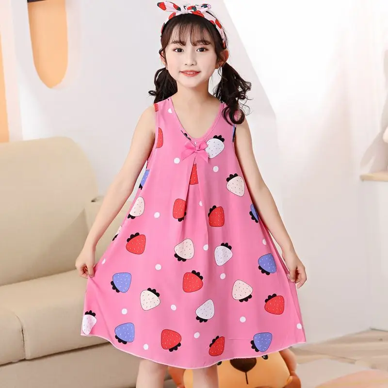 Girls Sleeveless Summer Nightdress Lightweight Rayon Cotton Class A Pajamas Home Dress