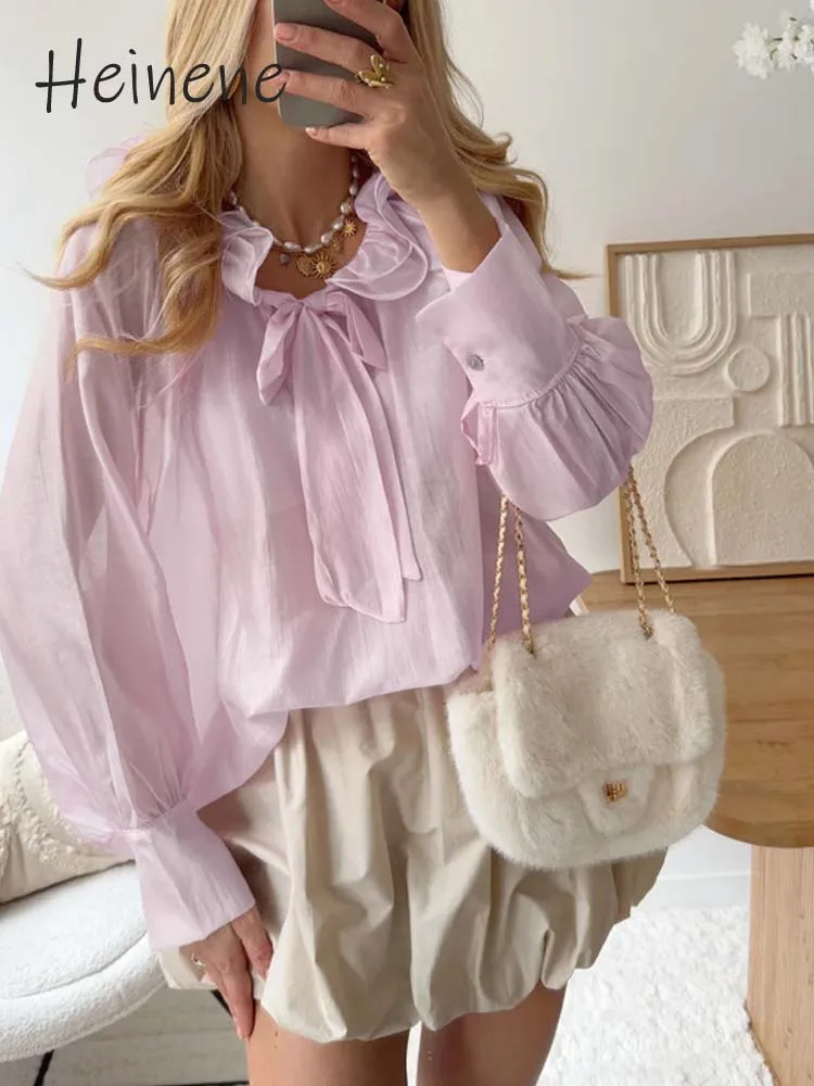 

Heinene French Ruffle Collar Tie Long Sleeve Blouse For Women Solid Elegant Shirt 2025 Autumn Fashion Top Versatile Long Sleeve
