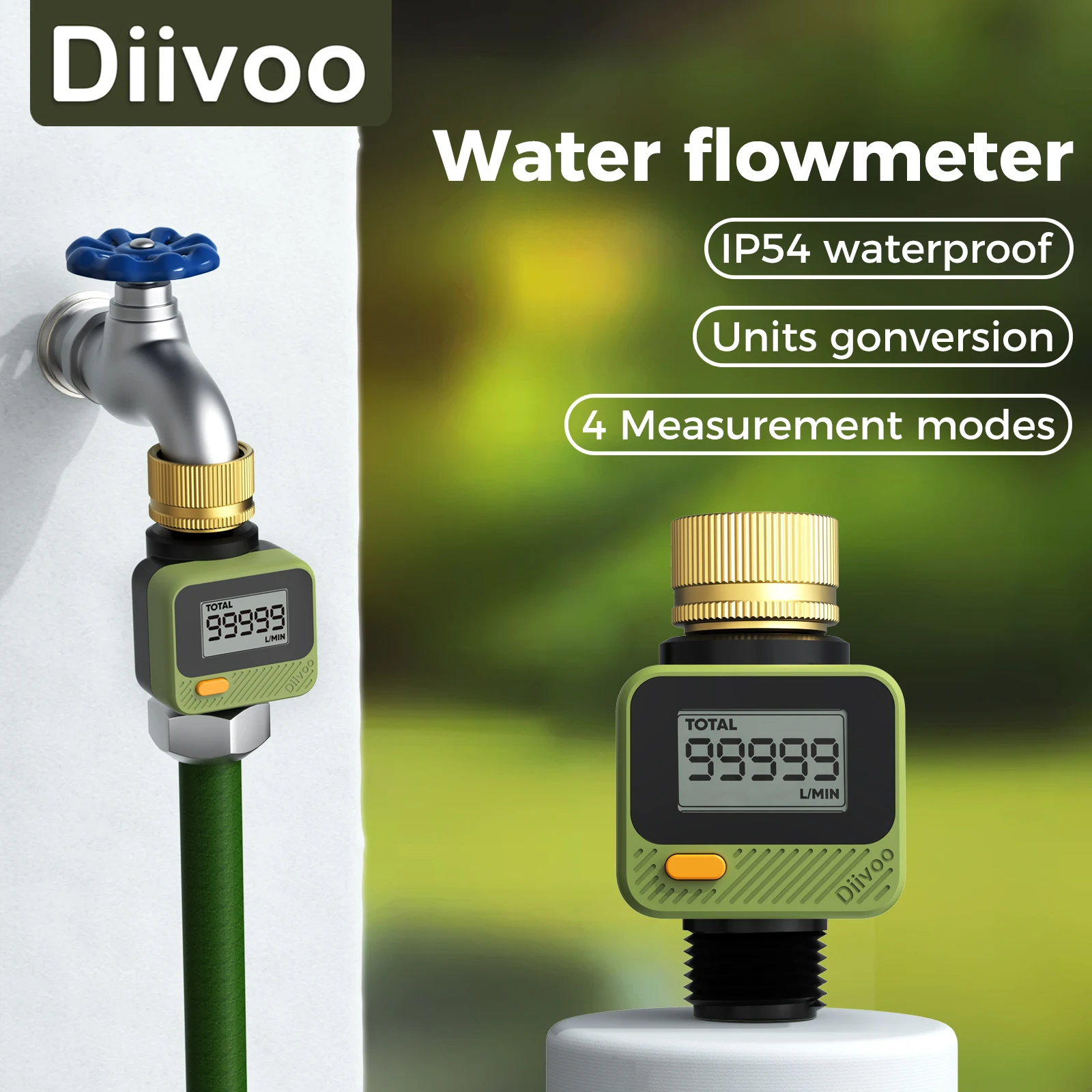 Diivoo Garden Water Flow Meter with Brass Inlet 4 Measuring Modes Accuracy ±5% IP54 Litres/Gallon Water Meter for Swimming Pool