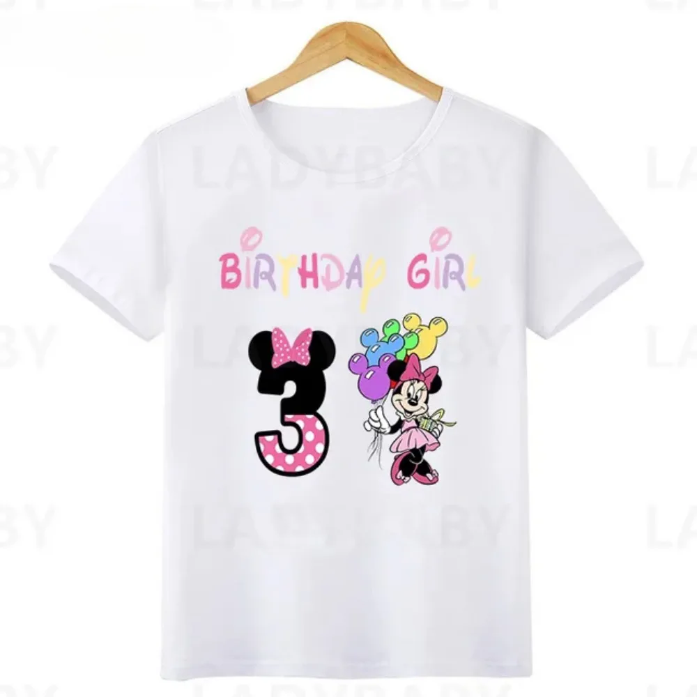 Summer Cute Disney Minnie Mouse Graphic Birthday Children T Shirt Kids Clothes 1 2 3 4 5 6 7 8 9 Years Baby Boy Girl Party Tops