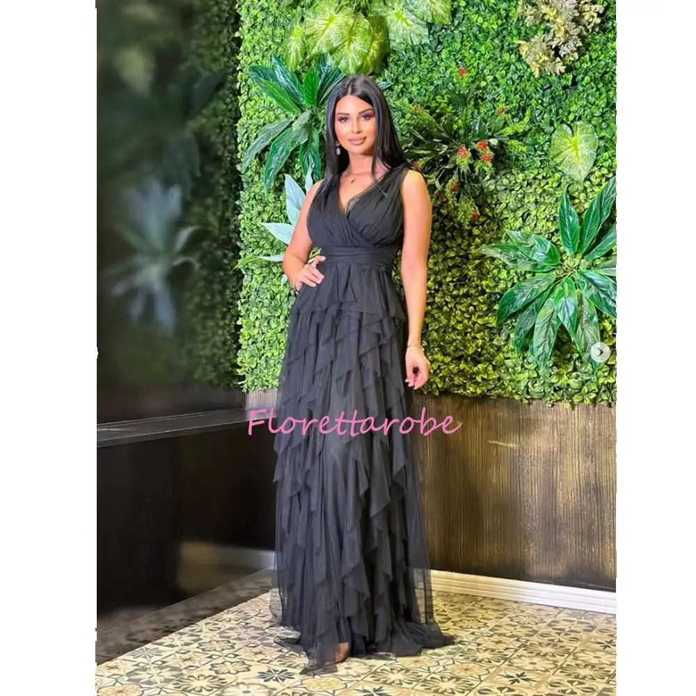 

Fashion V-Neck Tulle Ruffle Formal Prom Dresses A-Line Floor-length Women Evening Party Dress فساتين السهرة Customized