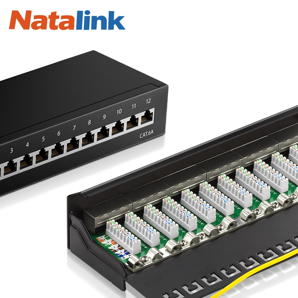 Natalink 10Gbps 8/12 Port CAT6a Patch Panel Shielded Metal for Desktop/Wall Mounting RJ45 LAN Network Installation Cable