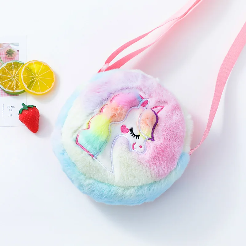 Kawaii Unicorn Bag For Girls Plush Shoulder Bag Children Crossbody Bags Mini Round Messenger Bag Kid Keys Coin Purse Small Pouch