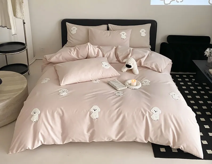 cute cartoon embroidery dog pink beige bedding set,twin full queen king cotton home textile bed sheet pillow case quilt cover