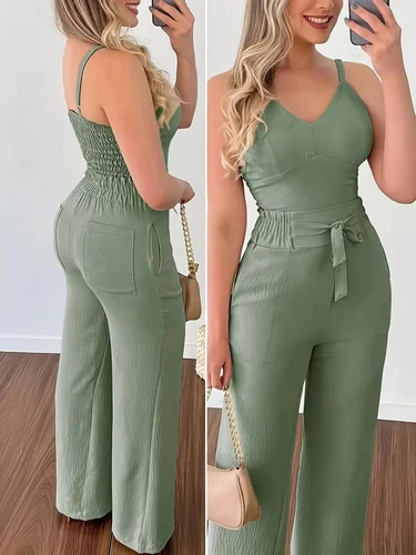 Conjunto elegante sin mangas a la moda para mujer, cinturón de cintura de imitación bordado informal y elegante de Color sólido para mujer