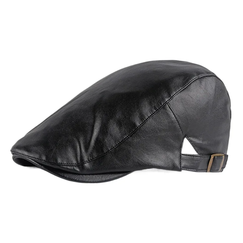 

Pu Leather Hat Wholesale Korean Beret Men's Advance Hats British Girl's Cap Springautumn And Winter Duck Tongue Leather Hat Tide