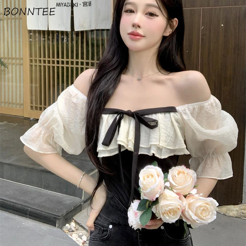 Chiffon Blouses Women Slash Neck Summer Preppy Style Girlish Korean Version Sexy Puff Sleeve Crops Fit Y2k Daily Blusas Stylish