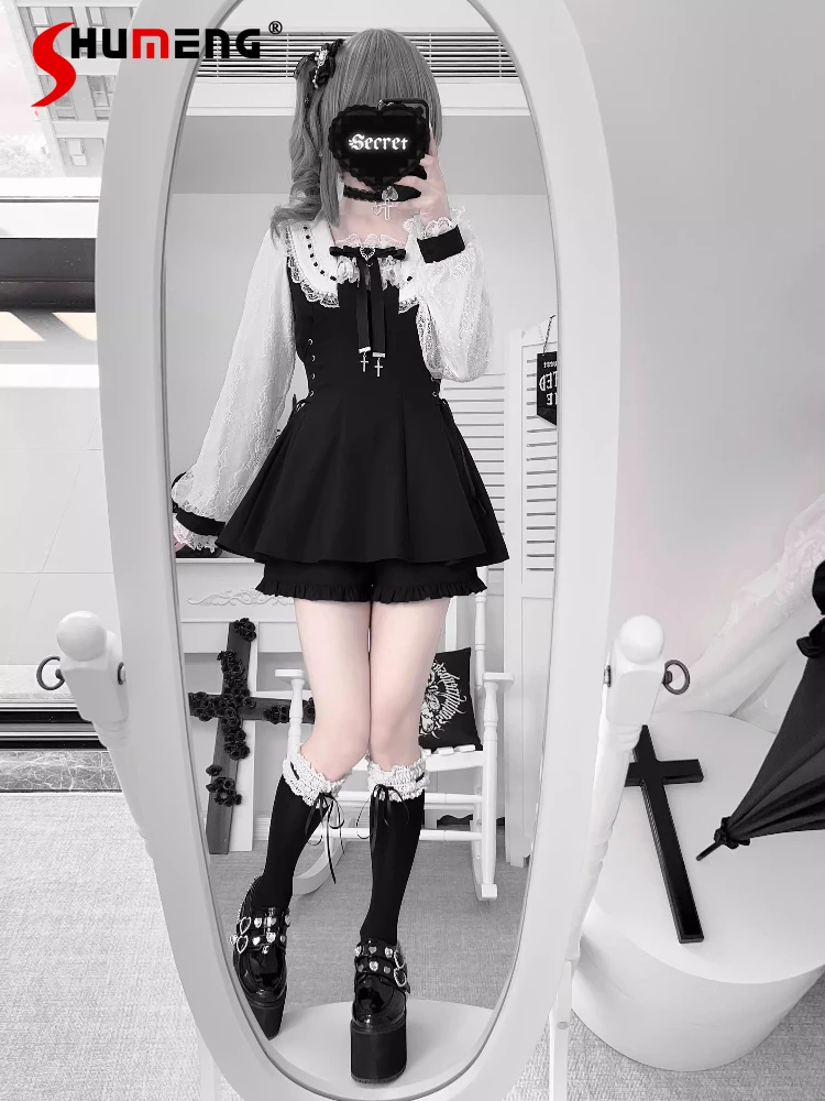 

Japanese Subculture Mass-Produced Dress Shorts 2-Piece Set Autumn New Girl's Cute Bow Lace Sailor Collar Lolita Dress Shorts Set