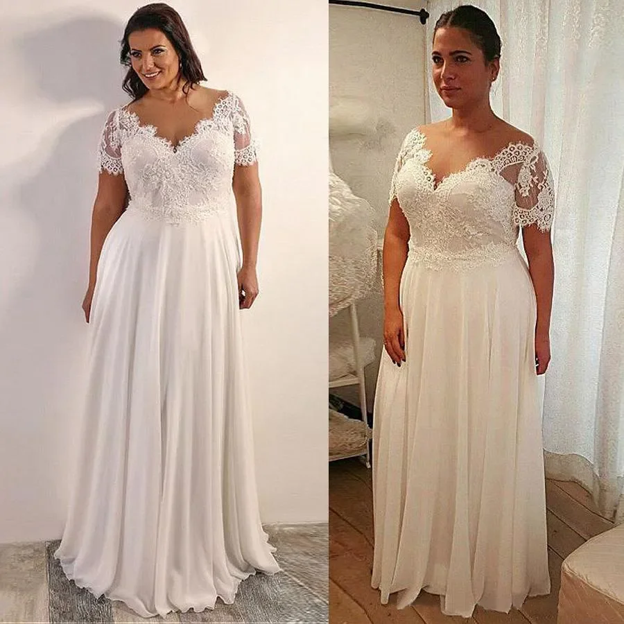 

Plus Size Chiffon Wedding Dresses Sheer Neck Lace Top Short Sleeves Appliques Beach Bridal Gowns Bride Dress Vestido De Noiva