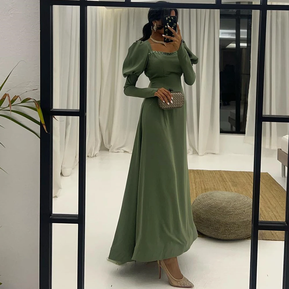 

Green A-Line Long Sleeves Jersey Evening Dress Elegant and Formal Square Collar Prom Gowns Saudi Arabia Special Occasion Dress