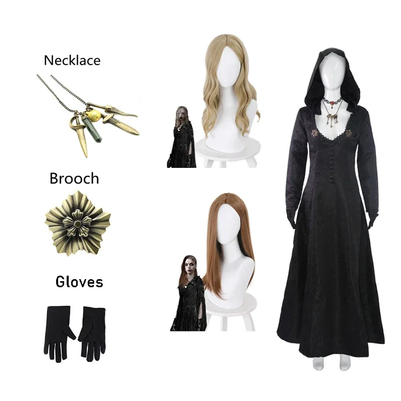 Biohazard Bela Cassandra Daniela Cosplay Costume Lady Dimitrescu Madam Dress Uniform Vampire Tattoo Brooch Halloween Party