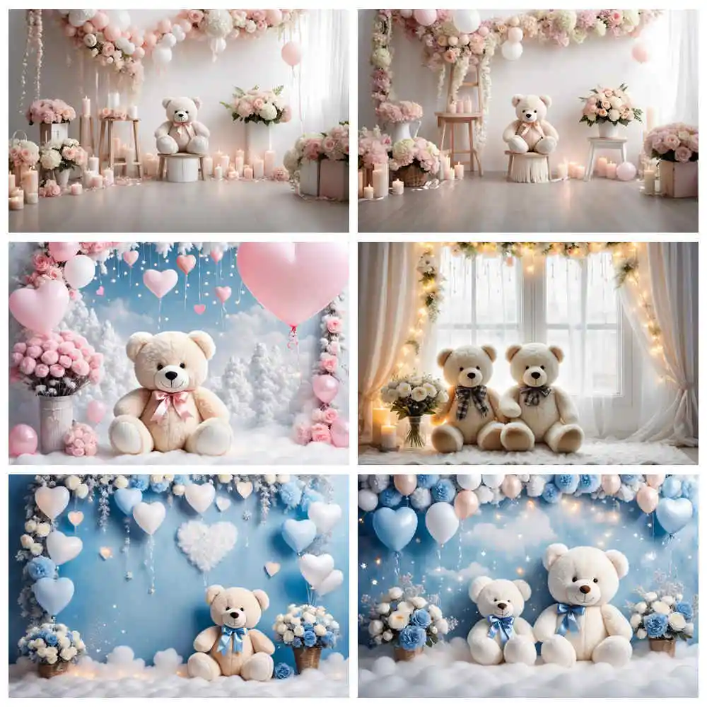 MOON.QG Teddy Bear One Birthday Photocall Backdrop Girls Boys Blue White Balloon Draping Cloth Flower Background 3D Party Props