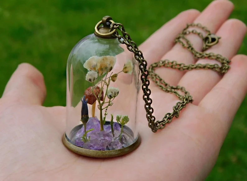 Glass terrarium mushroom necklace rawamethyst wildflowers elven jewelry elvish cottagecore pendant fairycore plant lovers gift