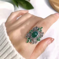 New In Silver 925 Peacock Crystal Flower Natural chalcedony Green rings for women Hollow Retro Style Ring Wedding Jewelry Gift