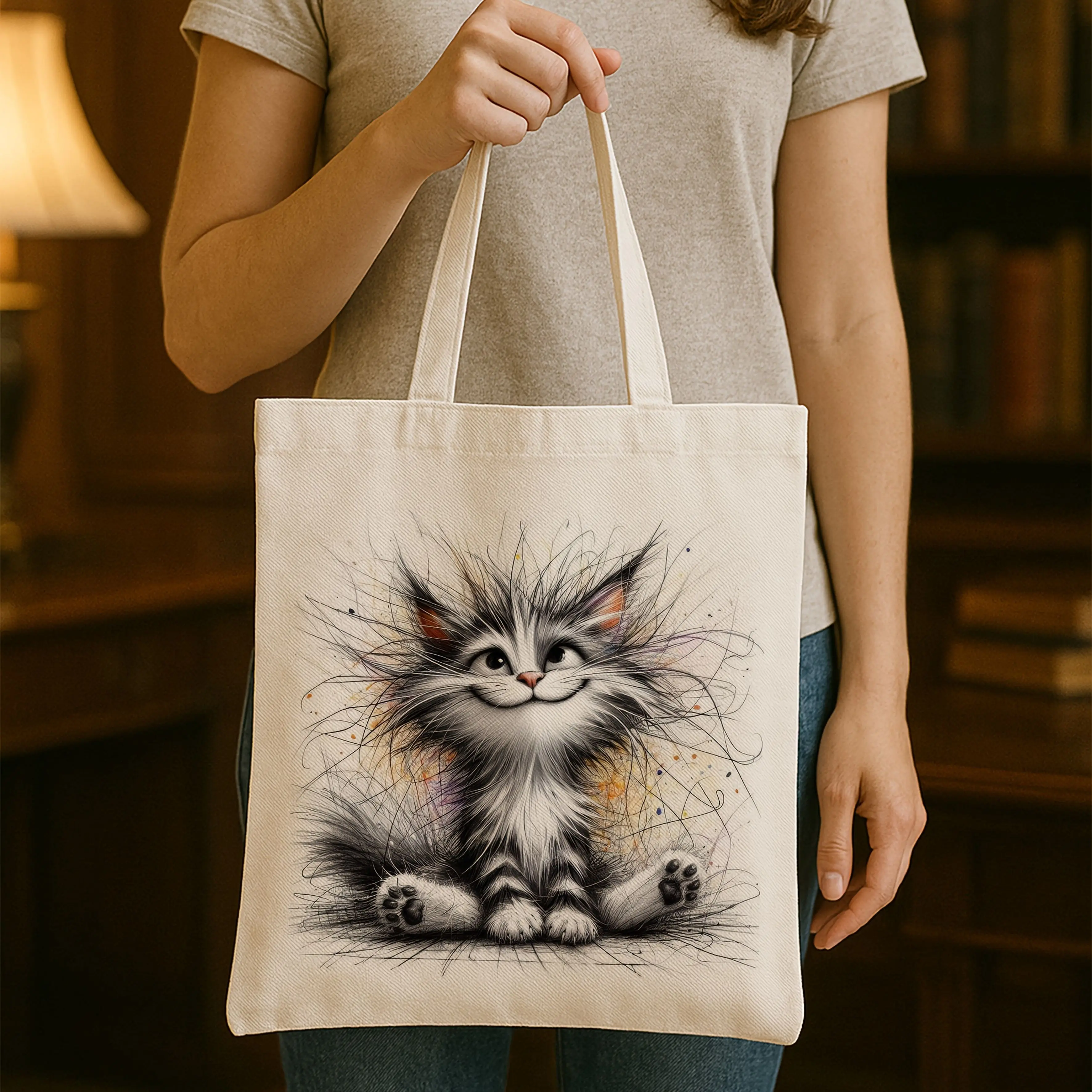 Cute Kitten with Electric Cords Design Reusable Shopping Tote Bag Canvas High Capacity Lightweight Grocery Bag Fashion Bags