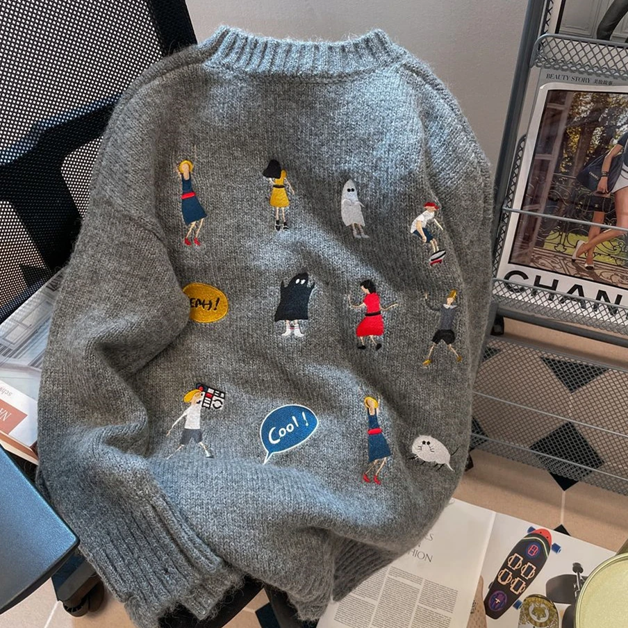 Y2K Sports Cartoon Embroidery Sweaters Loose O-neck Jumper Vintage Couples Knitwear Fall Winter Long Sleeve Pullover Warm Winter