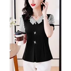 Women's 2024 New Summer Pullovers Contrast Color V-Neck Diamonds Spliced Fashion Versatile Slim Short Sleeve Commuter Shirt Tops