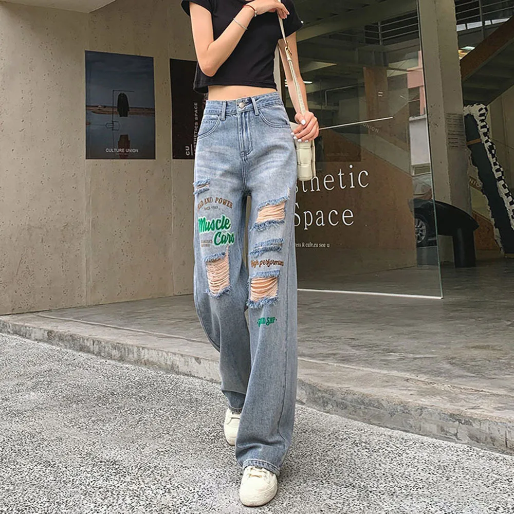 

2023 Trend Straight Jeans Women's Casual Holes Wide Leg Pants Autumn High Waist Loose Denim Trousers Female Fashion Rivet Jeans