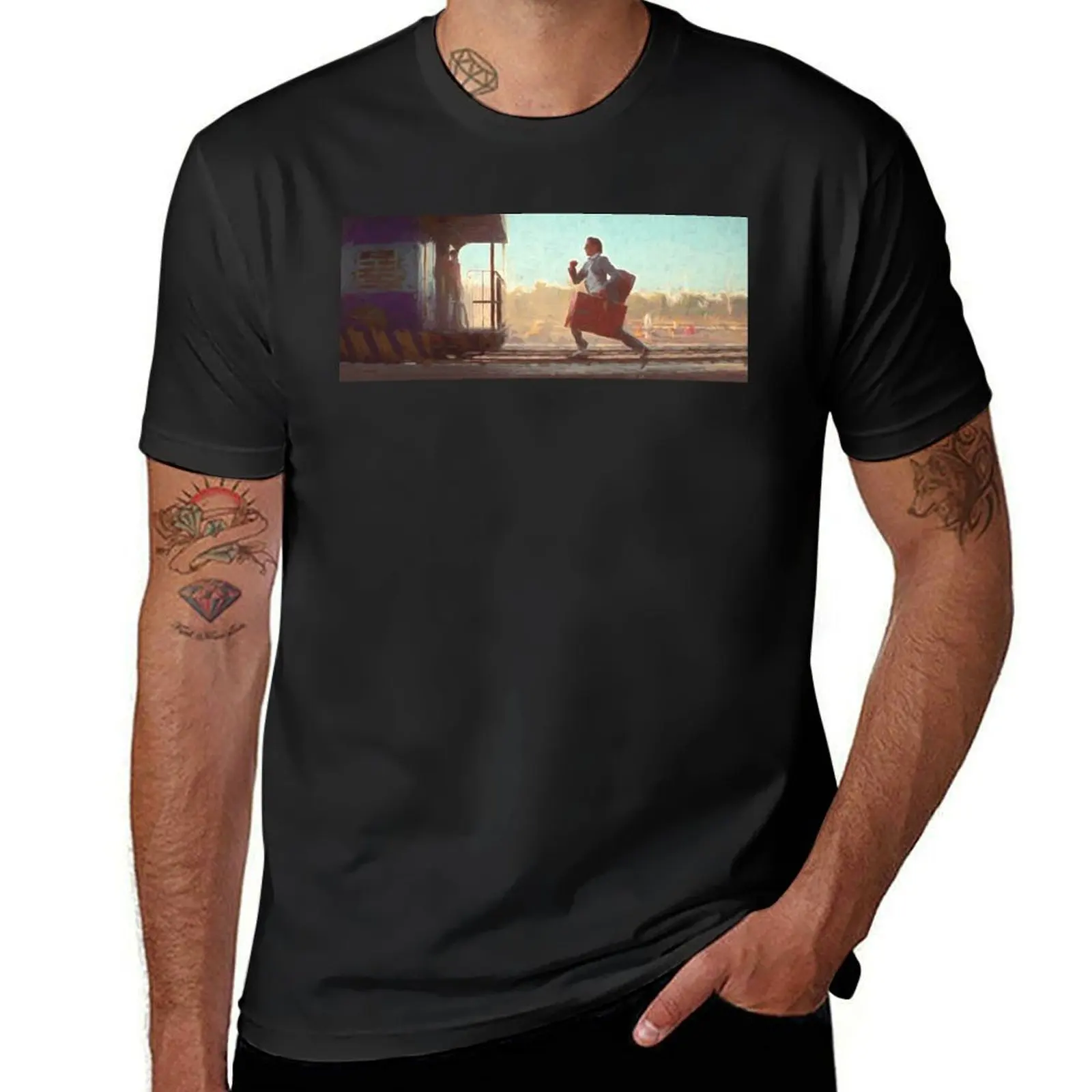 

Running after The Darjeeling Limited train painting T-Shirt boys animal print boys whites plain white t shirts men